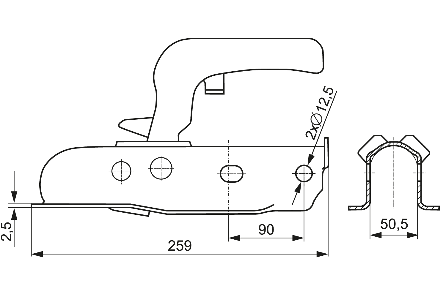 Priekabos Sukabinimo Spyna 750kg C, apvali, 50mm - Image 3
